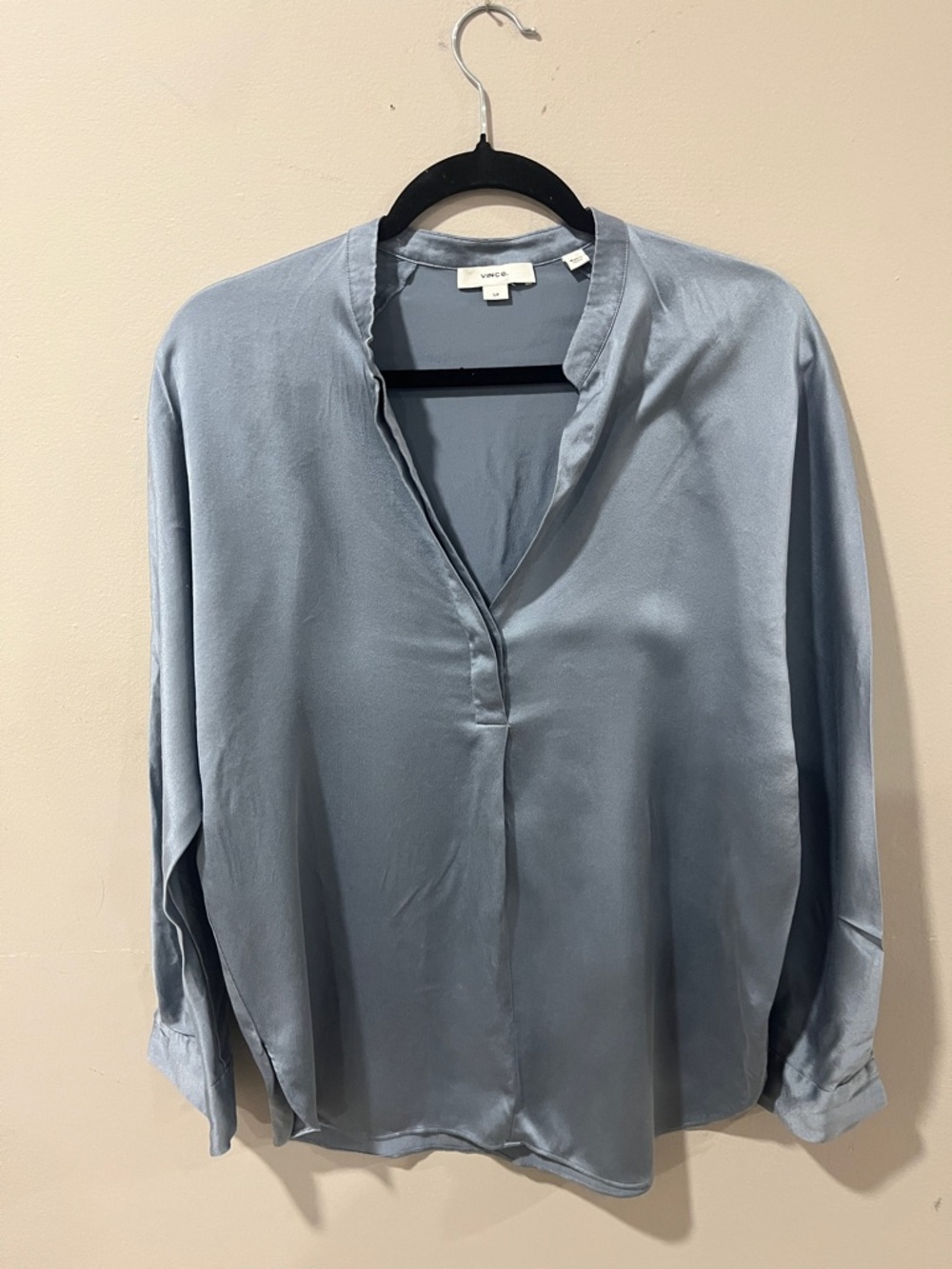 Vince Dusty Blue Collarless Silk-Blend V-Neck Blouse